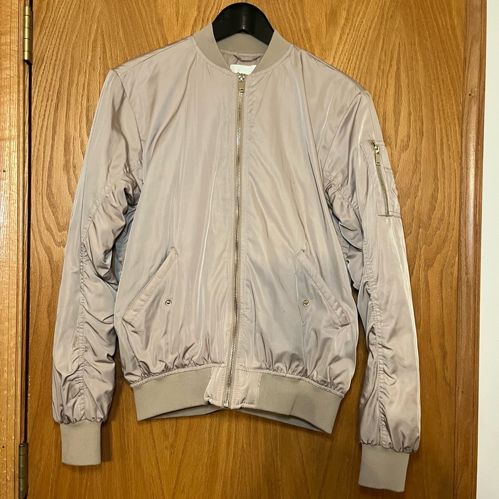 Tan zip up jacket gold buttons and zipper